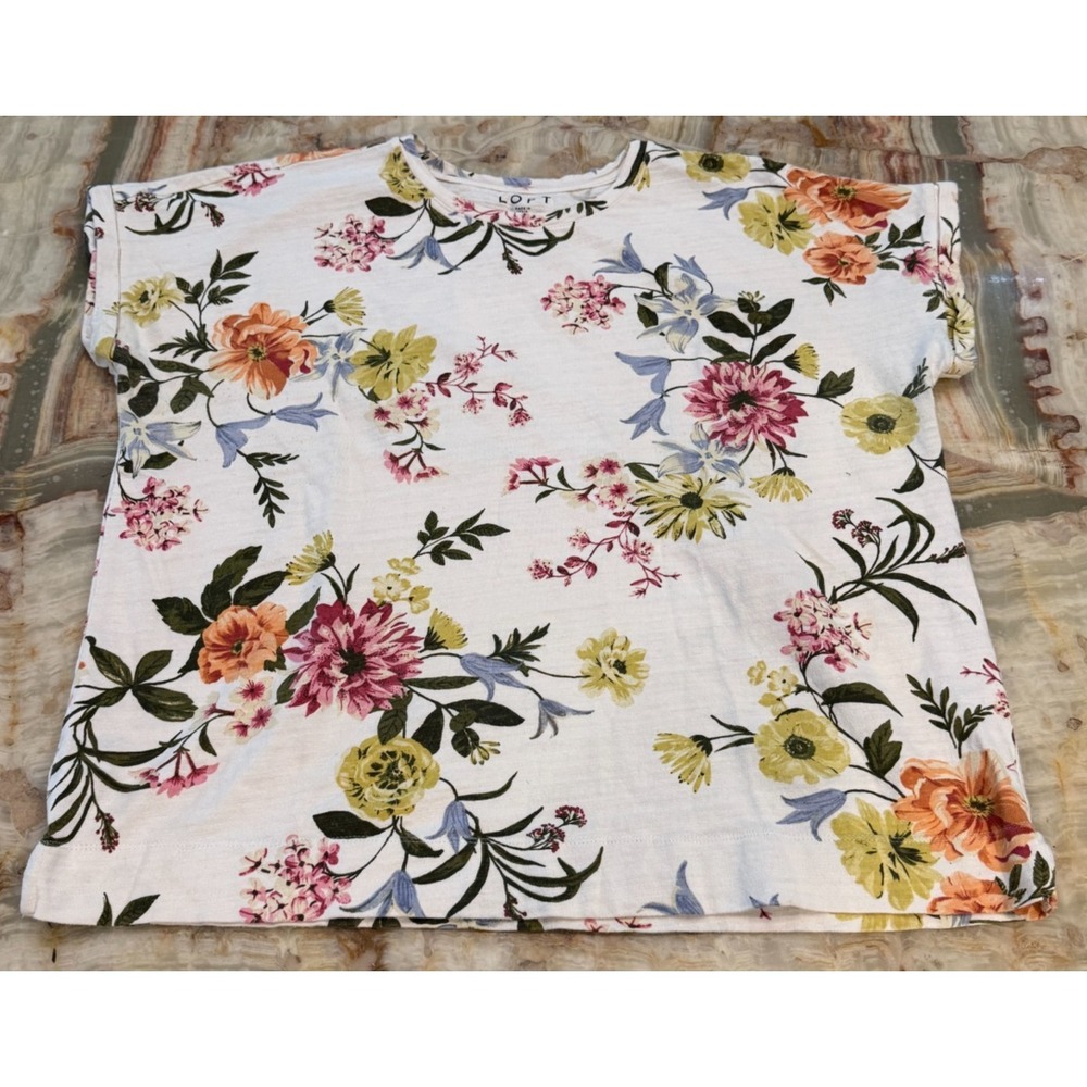 Loft Womens‎ T-Shirt White Floral Short Sleeve Crew Neck Comfort Tee Y2K 2XL